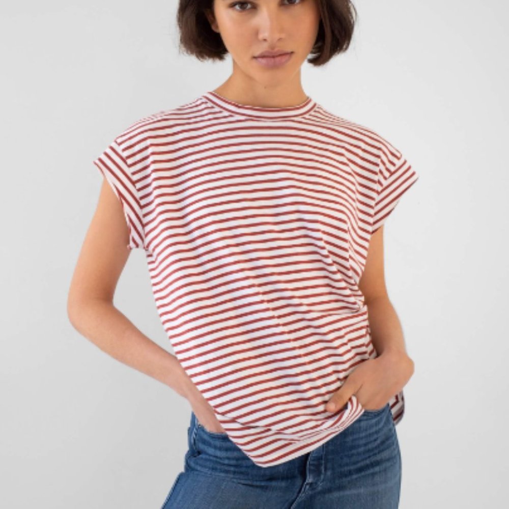 AYR - Supercool - Crew Neck T-Shirt - In Dark Red & White Stripe (Brick Lane)